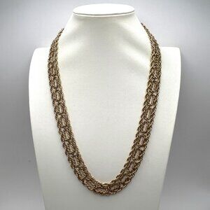 Vintage Crown Trifari Necklace Triple Strand Long Textured Gold Tone